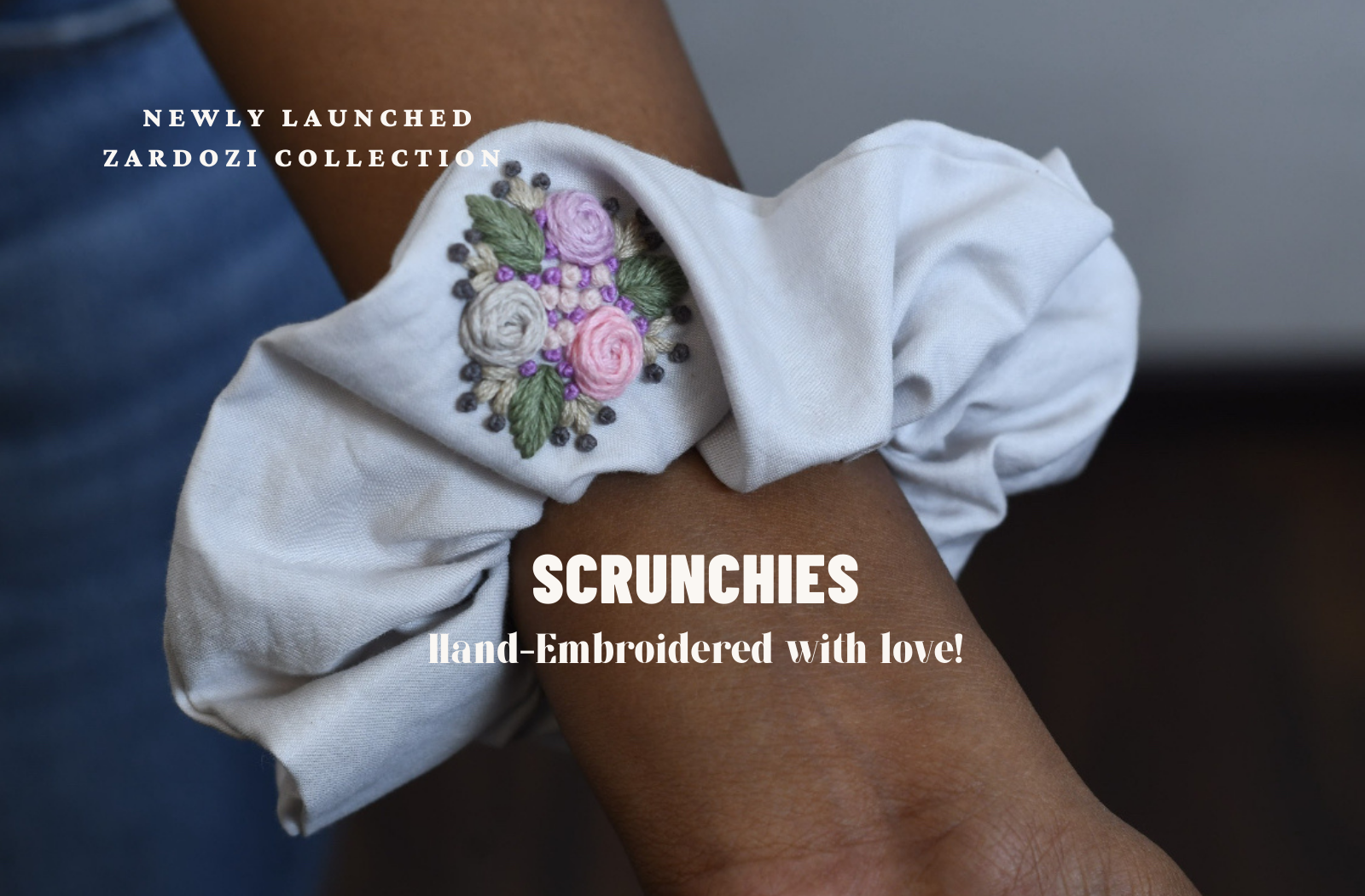 Hand-embroidered scrunchies for women and girls made from premium satin silk. Prevent hair breakage and damage for all hairstyle with HairLoom Hair Accessories.