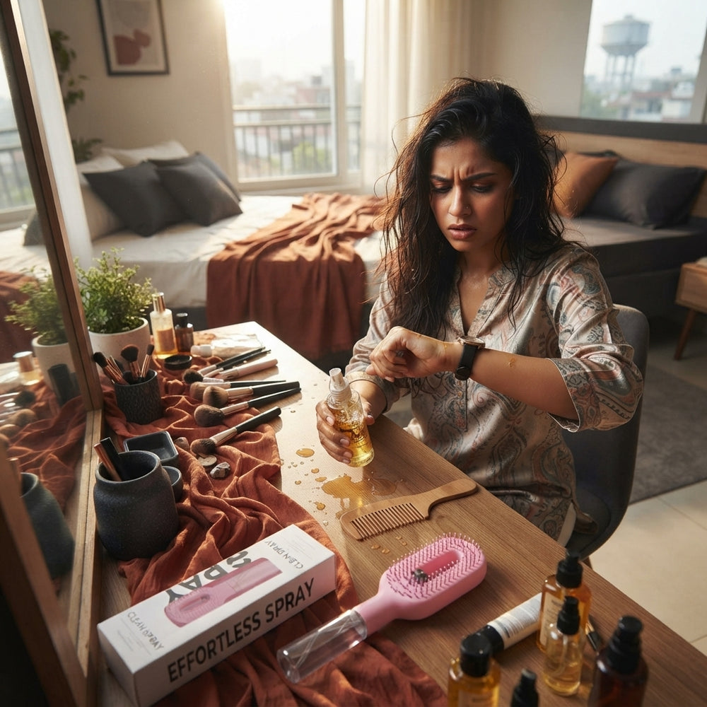 A South Asian professional looking stressed while juggling a messy hair oil bottle and a comb during a busy morning.